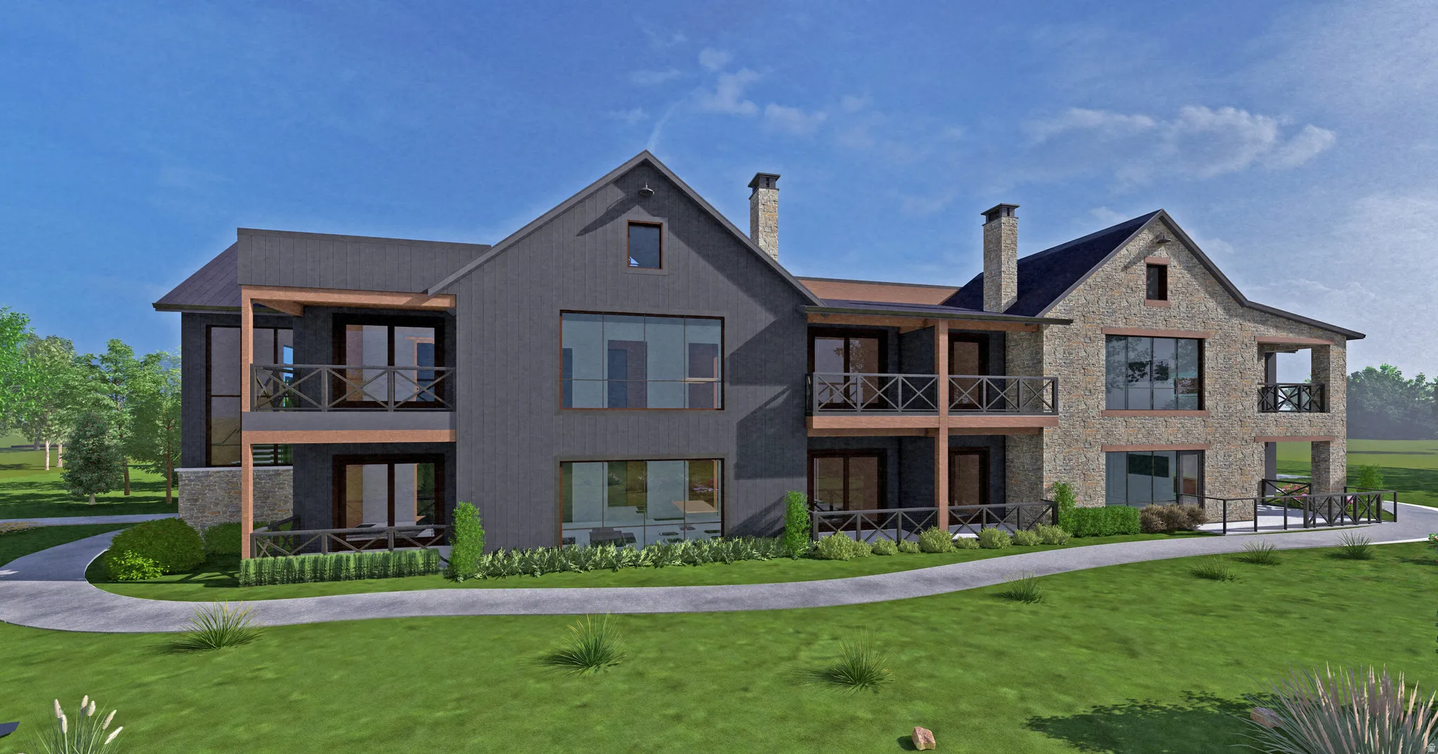 Rear view of house featuring a balcony, a chimney, stone siding, and a lawn