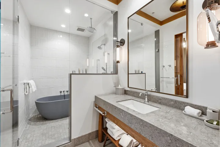 Freestanding tub within a glass-enclosed shower, dual shower heads, wood-finish vanity with an undermount sink, and sconce lighting