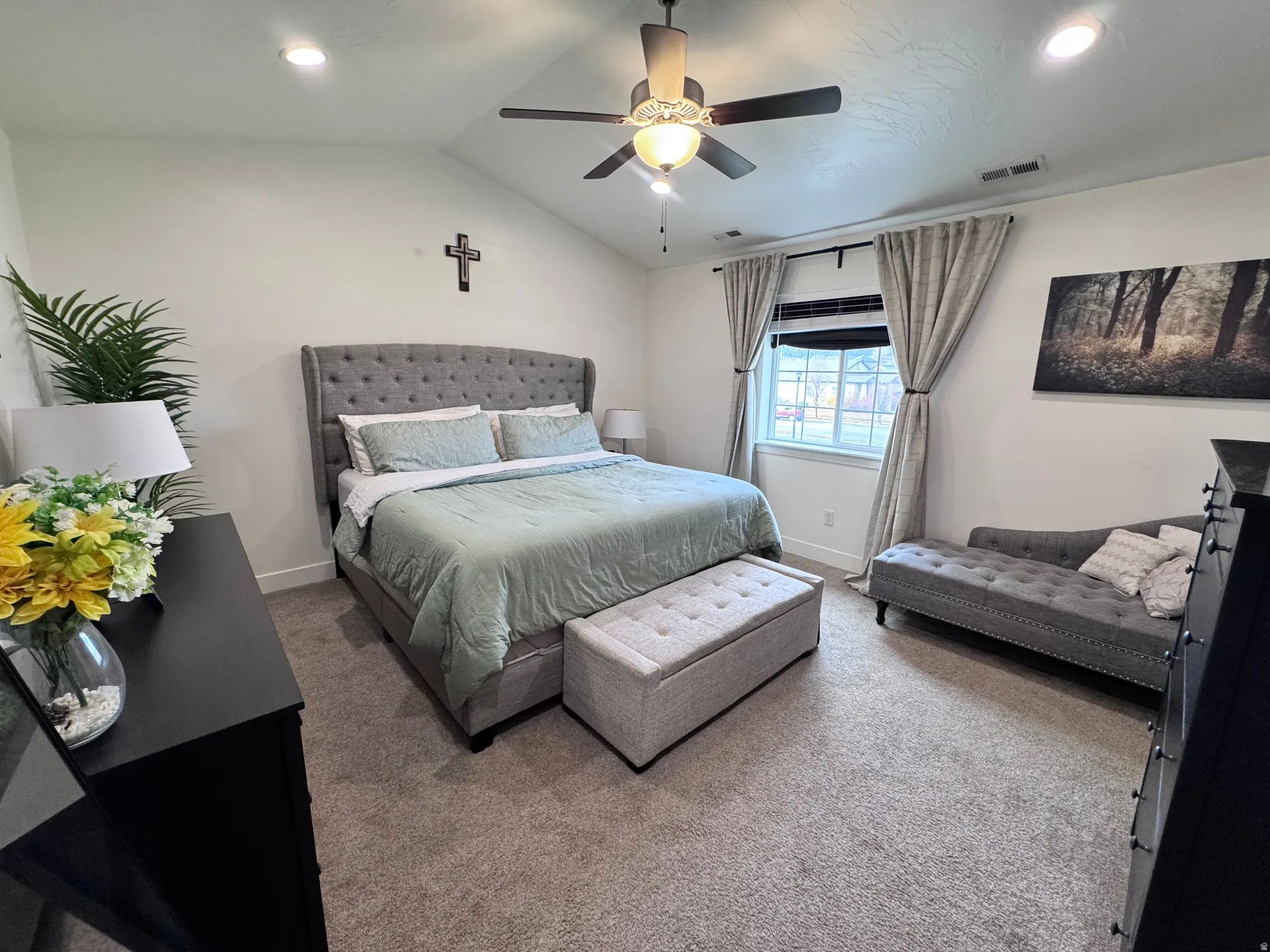 Bedroom with carpet, lofted ceiling, ceiling fan, and recessed lighting