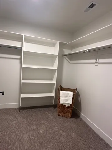 Spacious closet with dark carpet