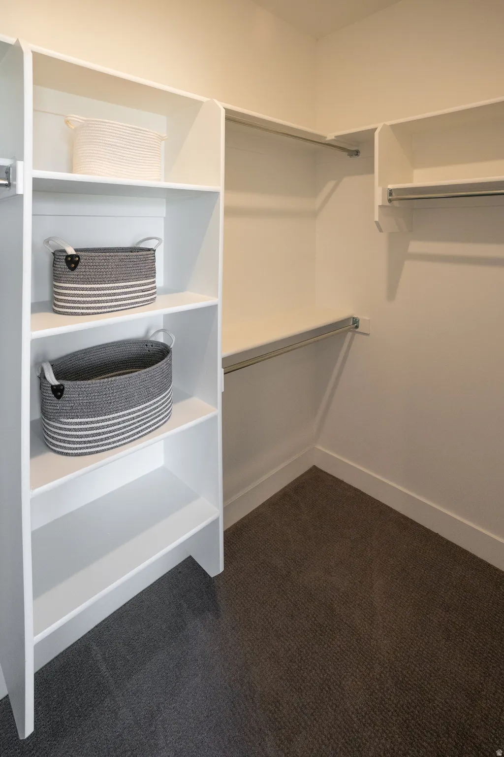 Walk in closet with dark colored carpet
