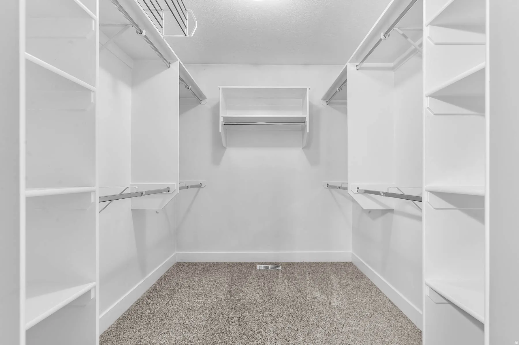 Walk in closet featuring light carpet
