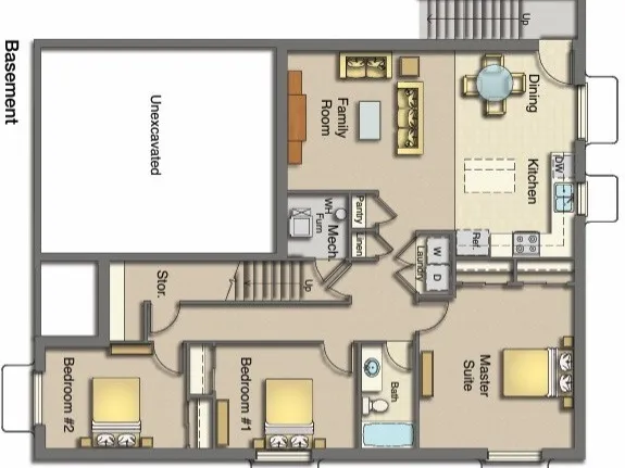 On this lot, basement stairs will go down the back. if Apt option is selected, kitchen layout will be modified.