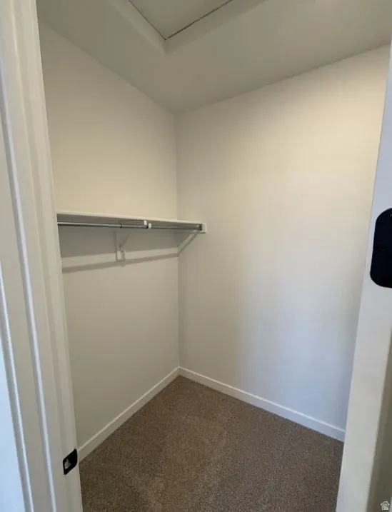 Walk in closet with dark colored carpet