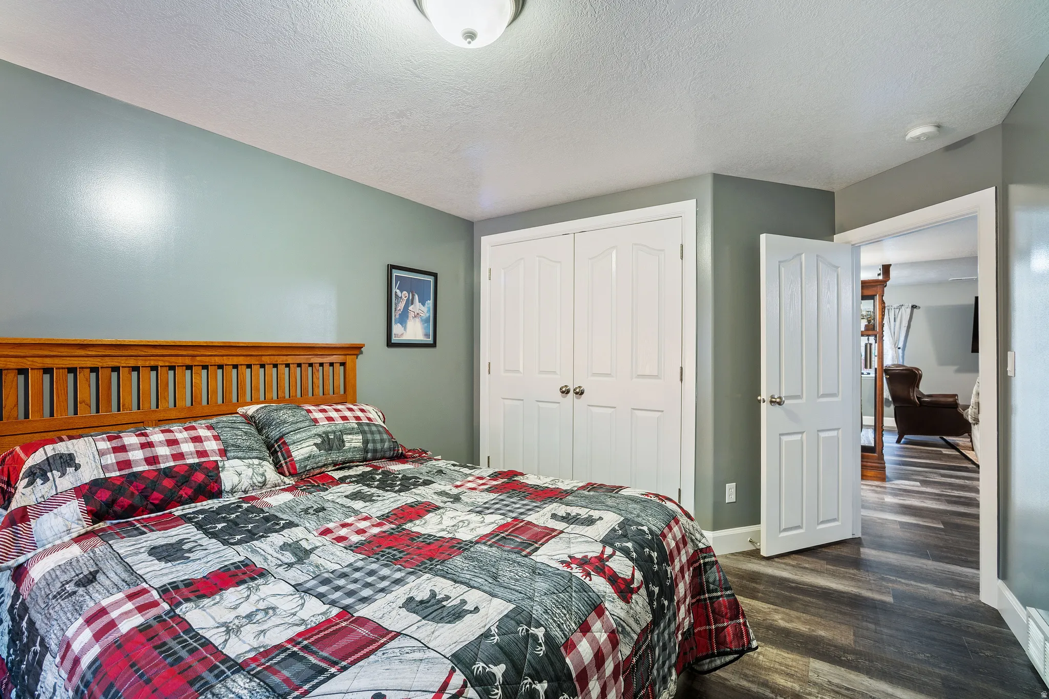 Bedroom featuring a textured ceiling, dark wood-style flooring, and a closet