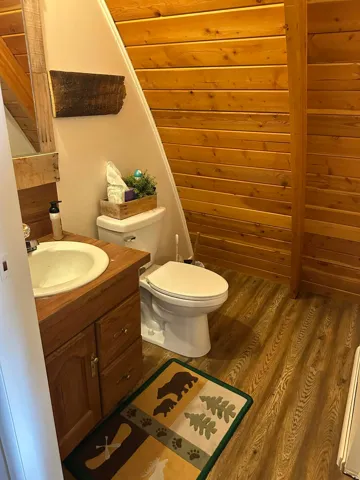 Bathroom with vanity, dark wood-type flooring, and wood ceiling