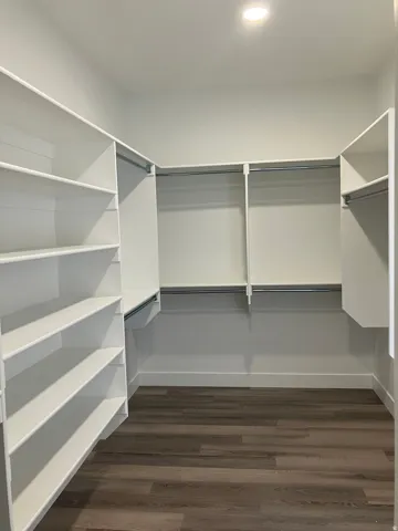 Walk-in closet with built-in shelving, hanging rods, and wood-finish flooring