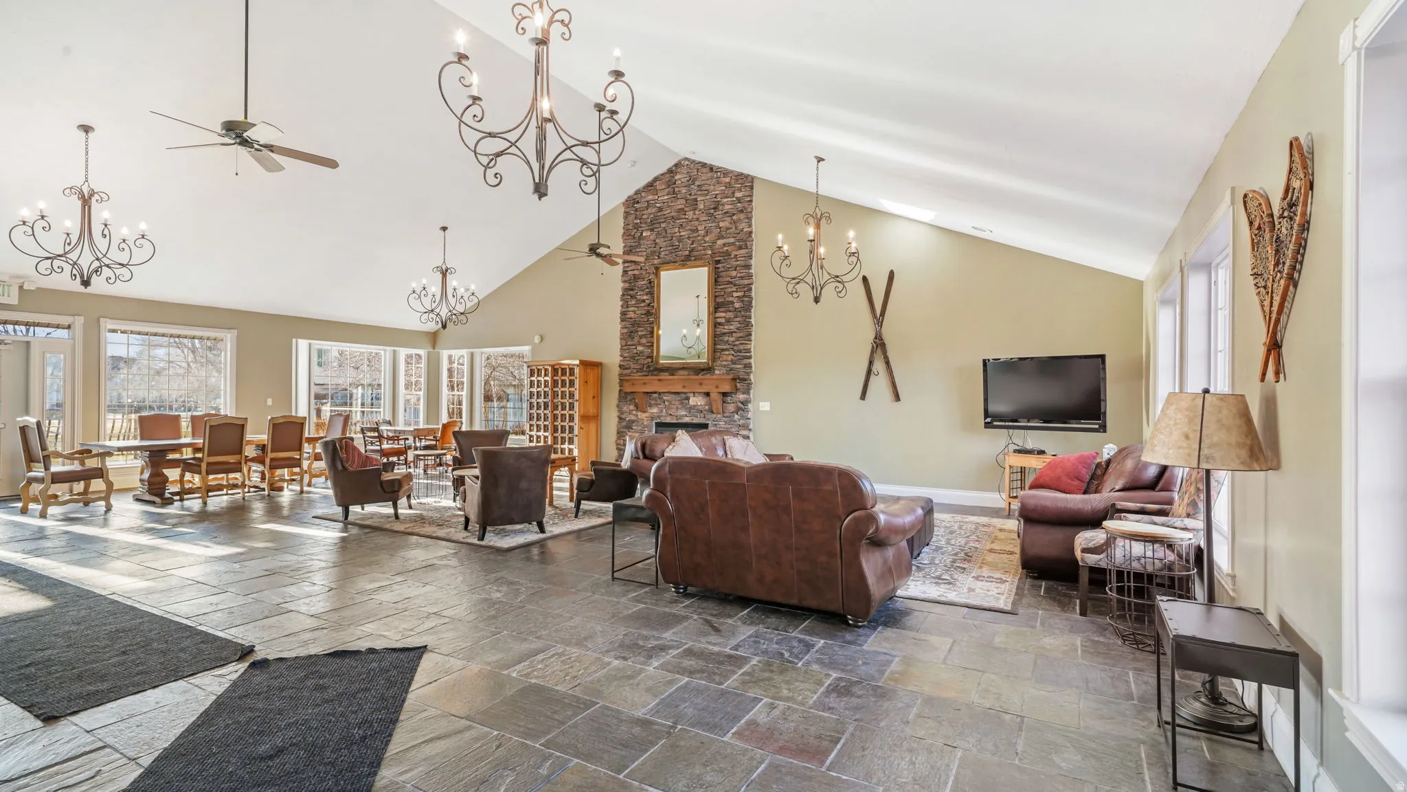 Building lobby featuring high vaulted ceiling