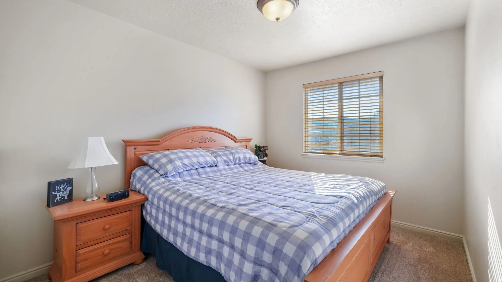 Bedroom with a textured ceiling and carpet flooring