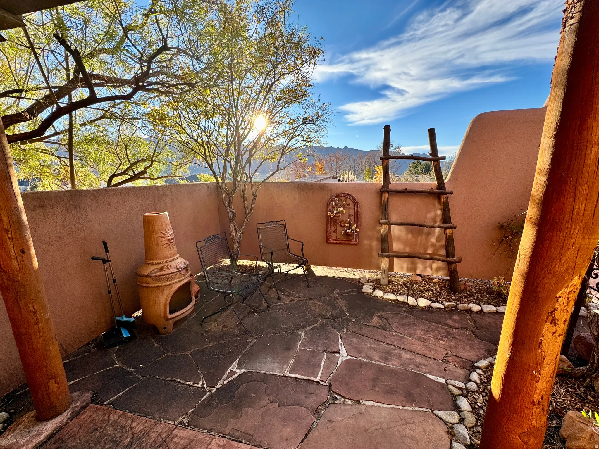 View of patio with a mountain view