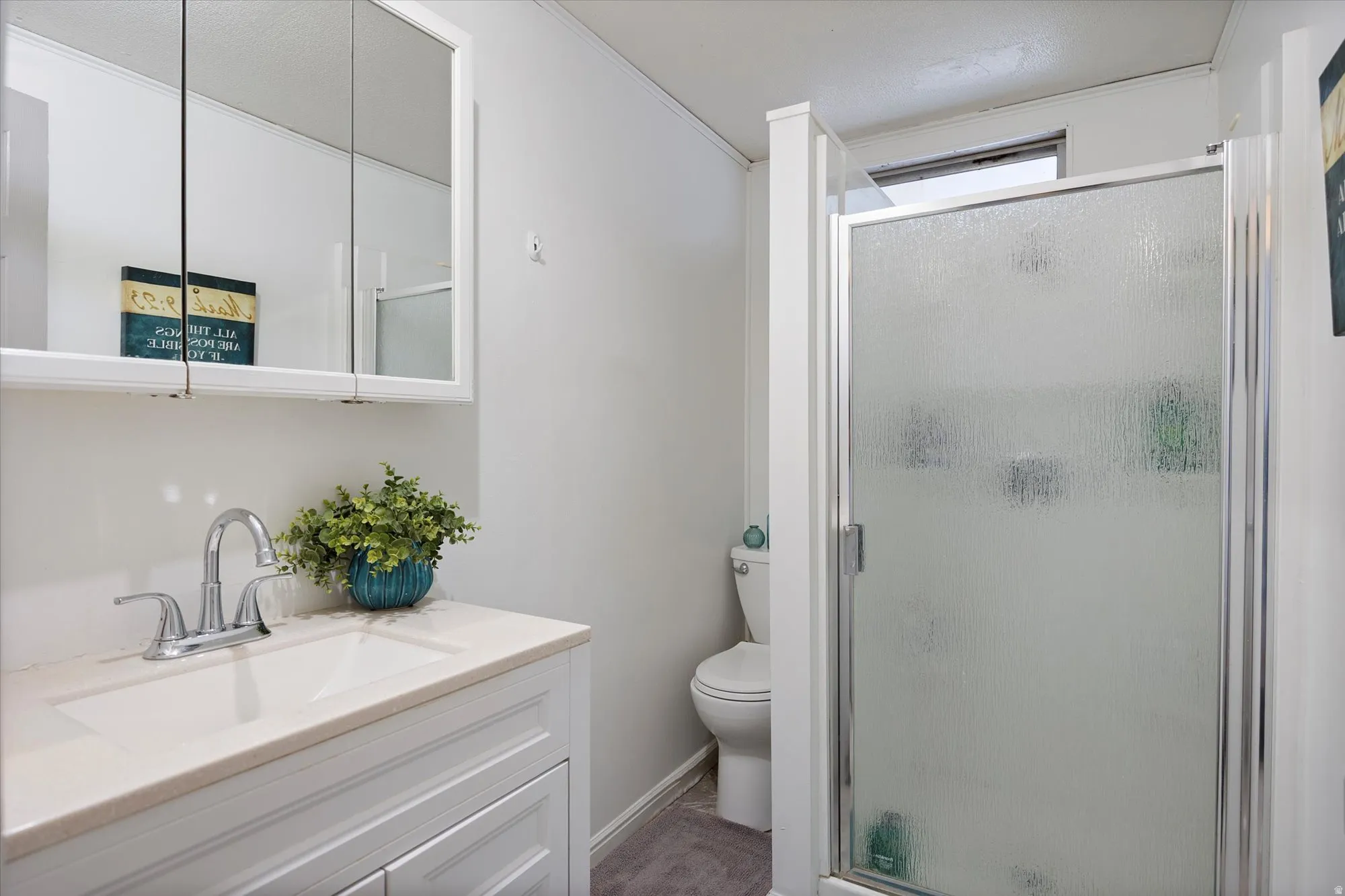 Primary full bath featuring a shower stall, vanity, and crown molding
