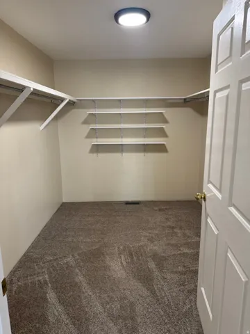 Spacious closet with dark colored carpet