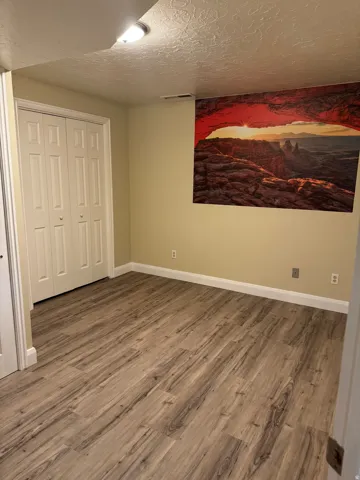 Storage room with wood finished floors, a closet, and a textured ceiling
