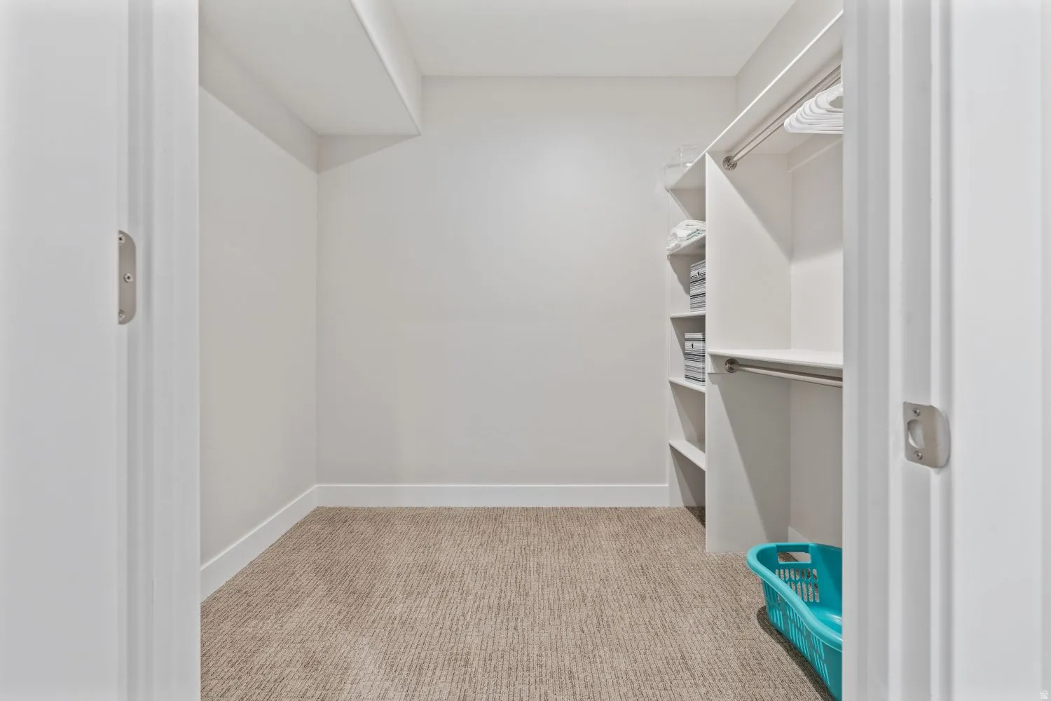 Spacious closet featuring light colored carpet