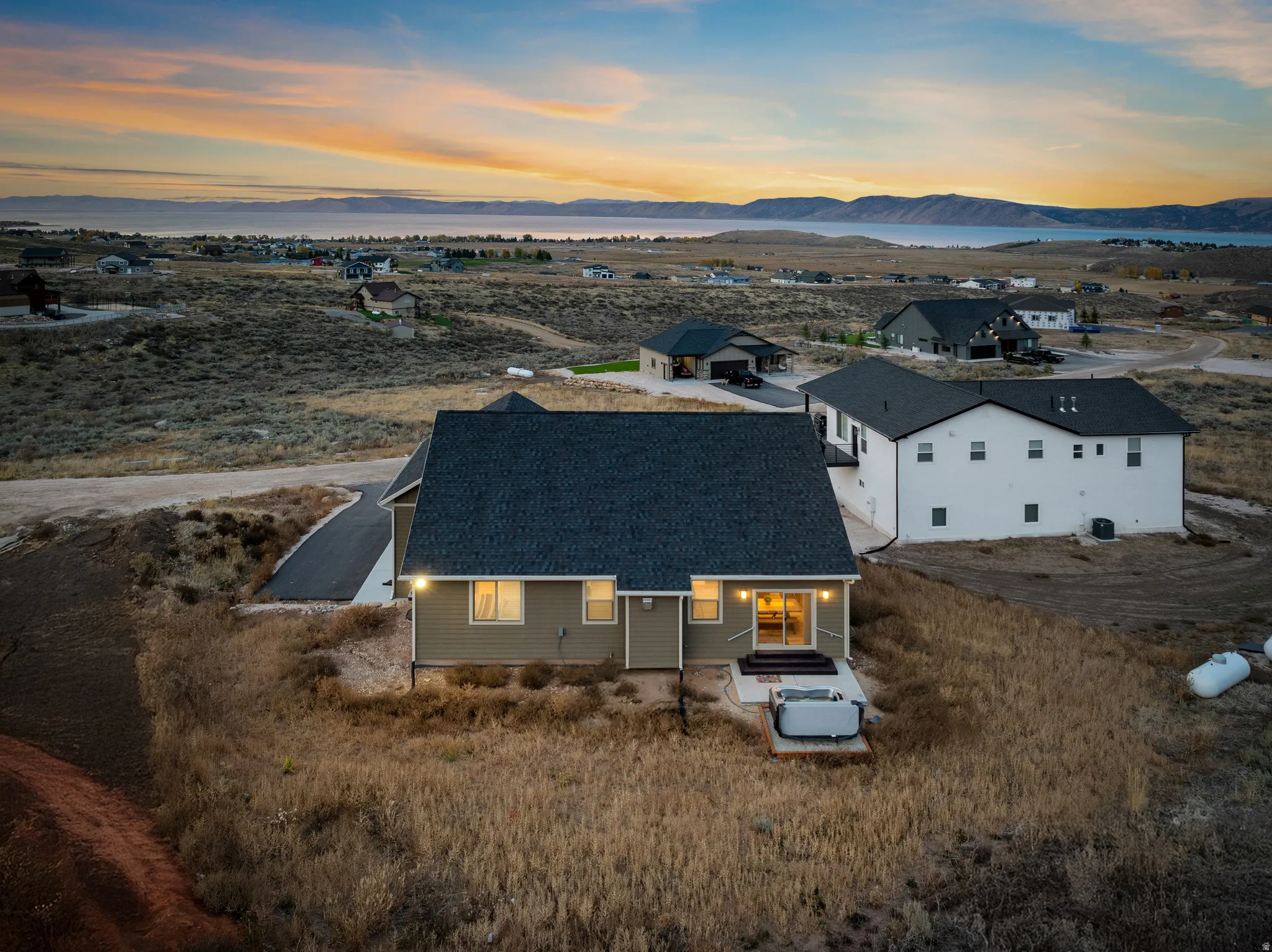 Aerial view at dusk of a mountain view