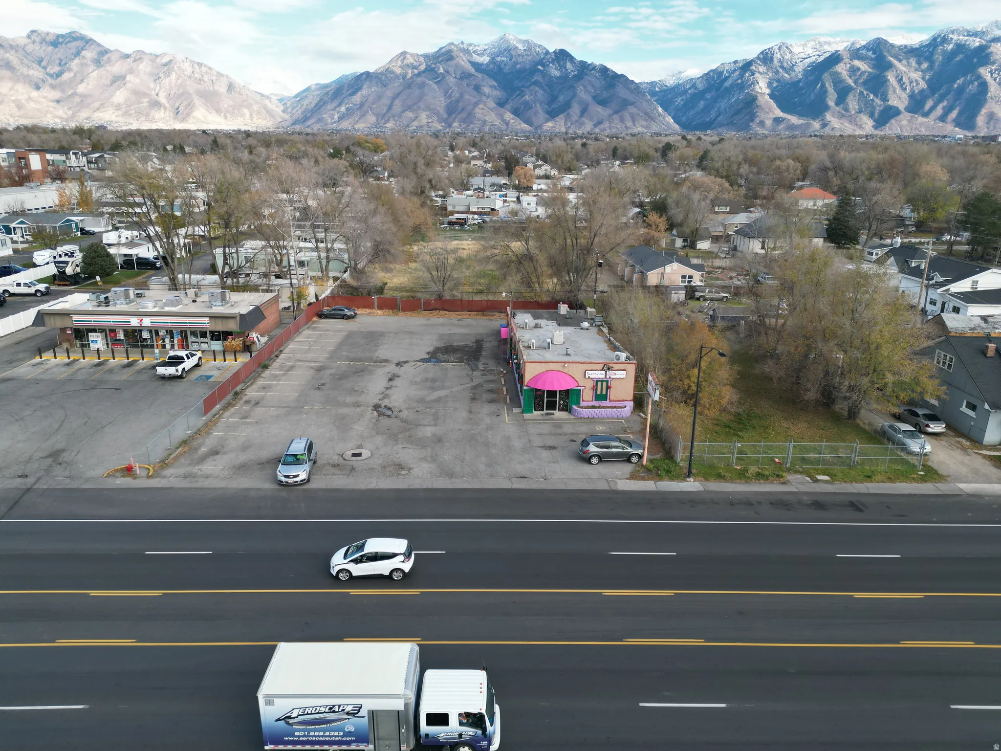 Drone / aerial view of a mountainous background