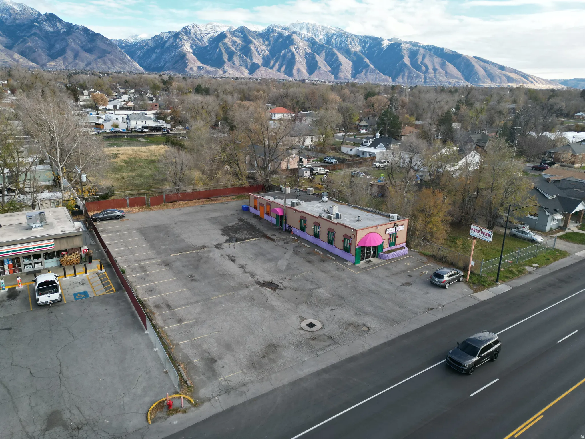 Bird's eye view of a mountainous background