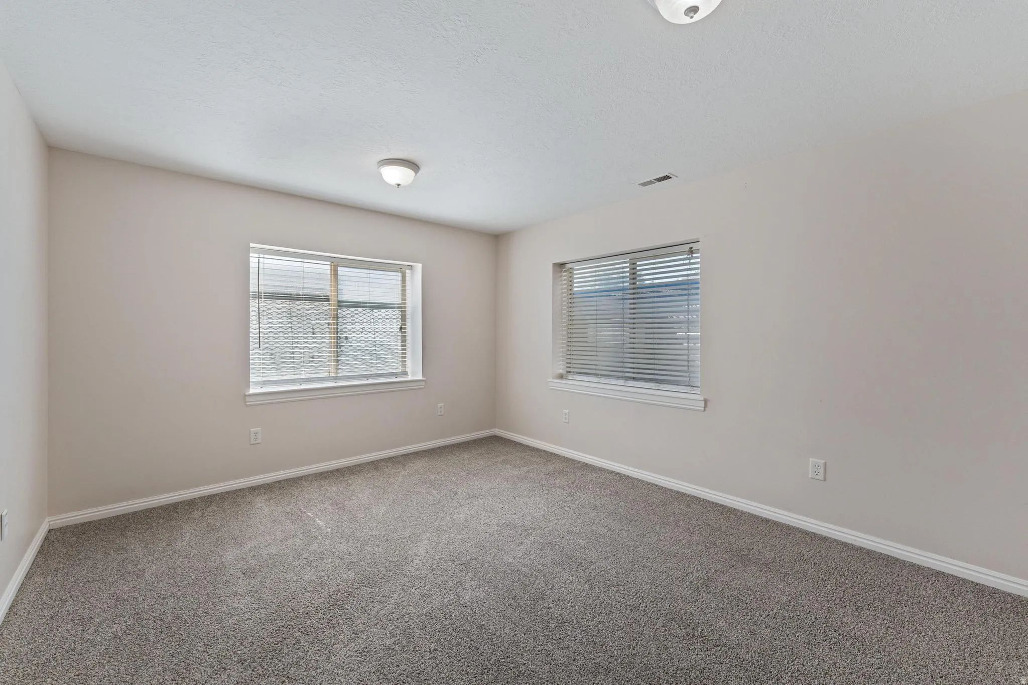 Unfurnished room with light carpet, plenty of natural light, and a textured ceiling