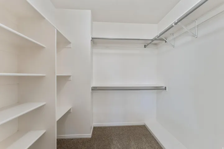 Spacious closet with dark colored carpet
