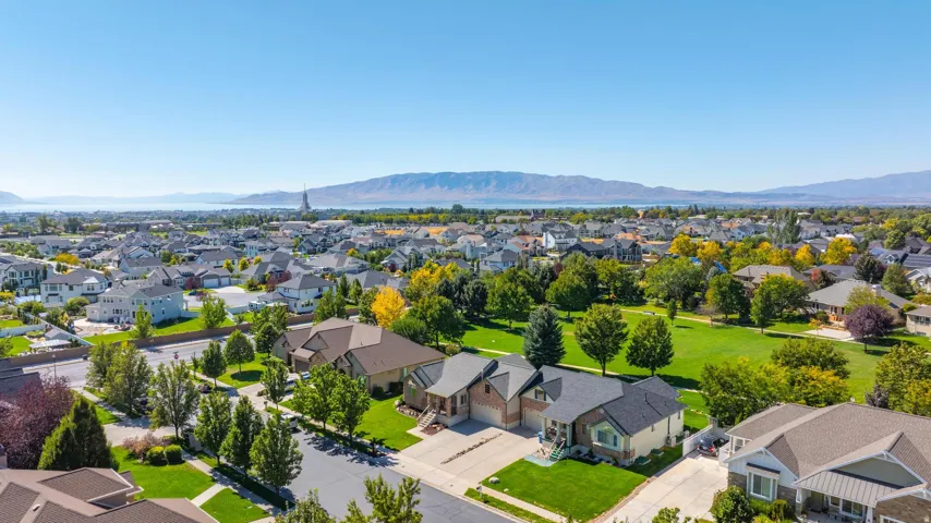 Aerial perspective of suburban area with mountains