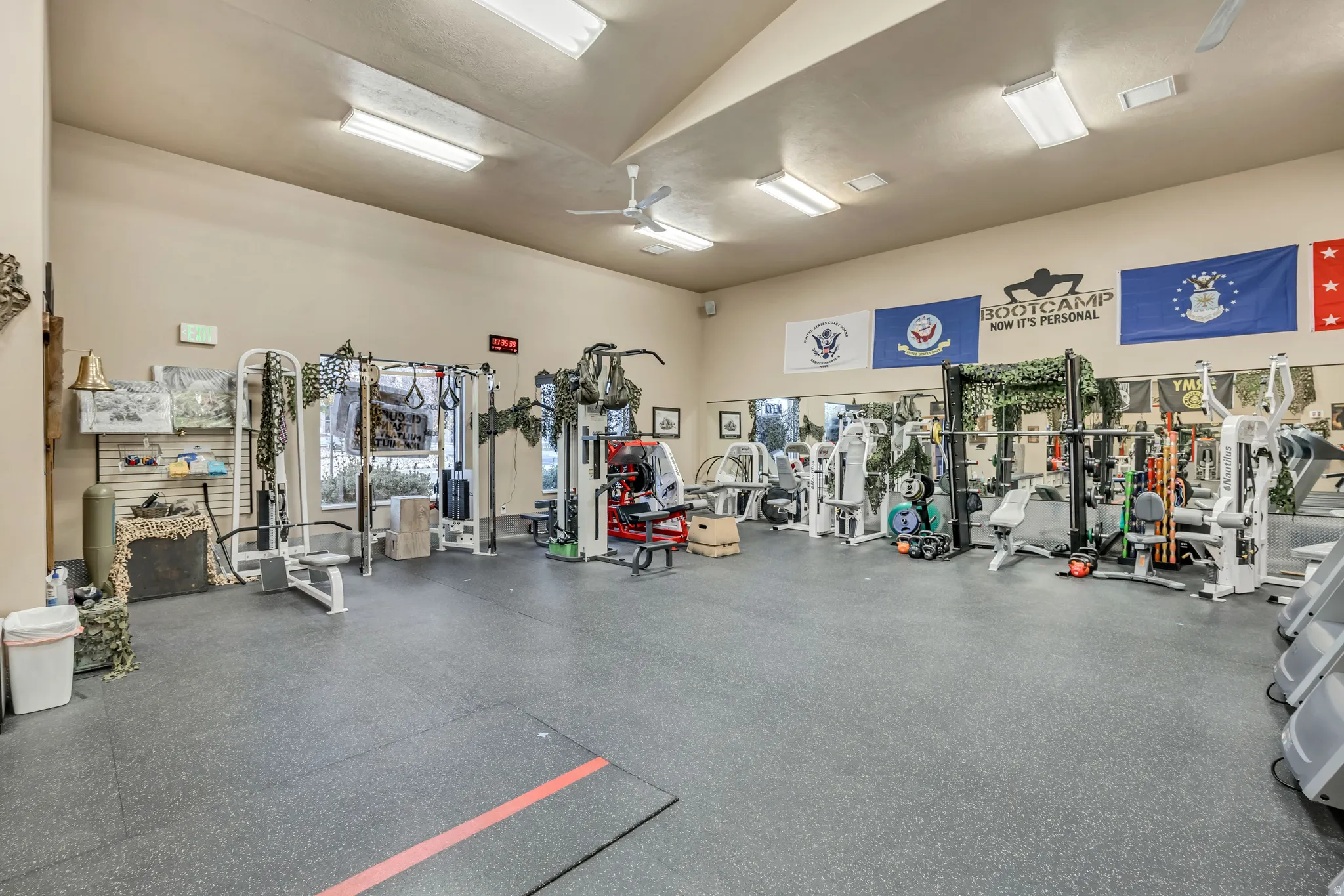 Workout area featuring a ceiling fan