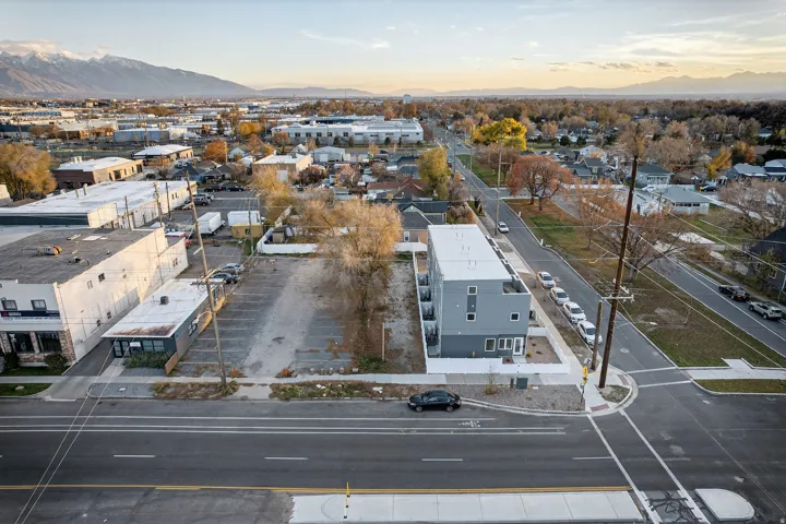 Aerial view at dusk of a mountain view and a residential view