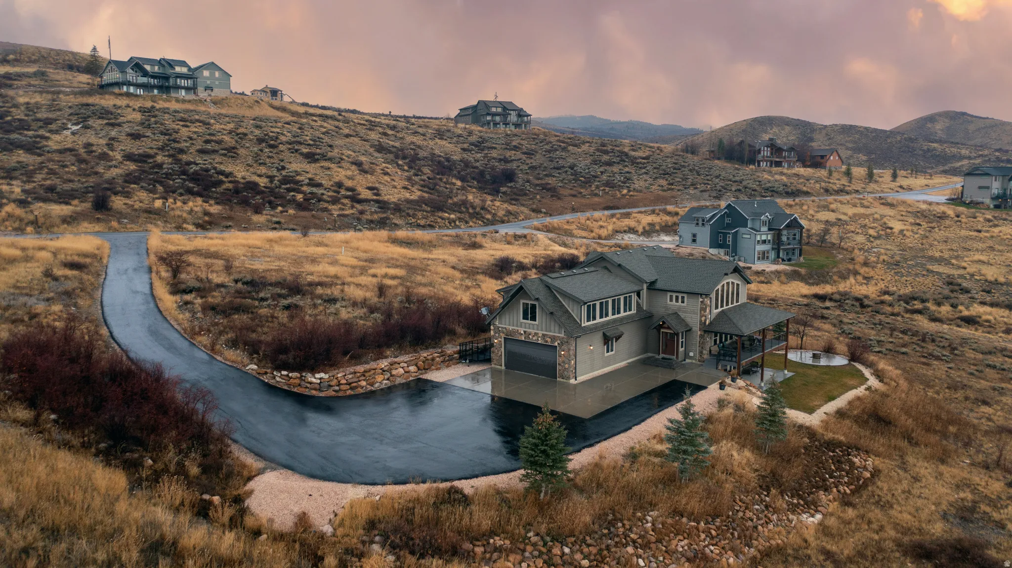 Aerial view of a mountain backdrop