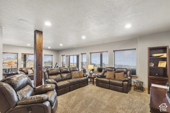 Carpeted living room featuring a textured ceiling and recessed lighting