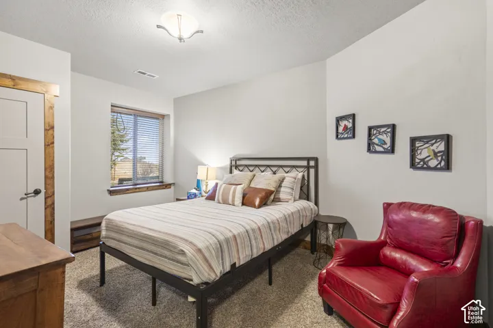 Carpeted bedroom with a textured ceiling