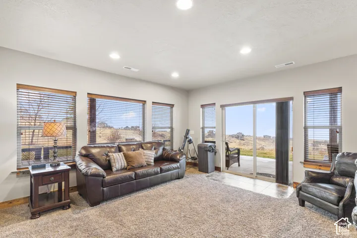 Living area featuring healthy amount of natural light, light colored carpet, recessed lighting, and a textured ceiling