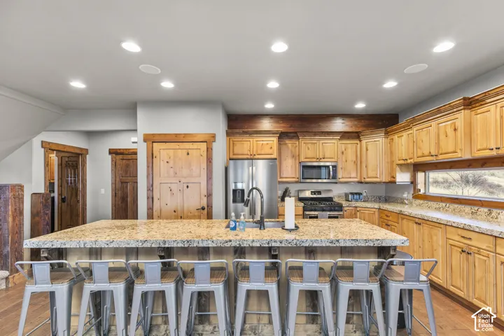Kitchen featuring light wood-style flooring, a kitchen bar, appliances with stainless steel finishes, a spacious island, and light stone counters