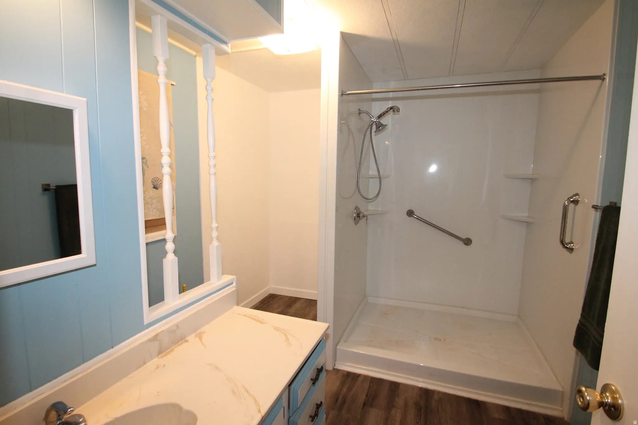 Bathroom featuring vanity, dark wood-type flooring, and a stall shower