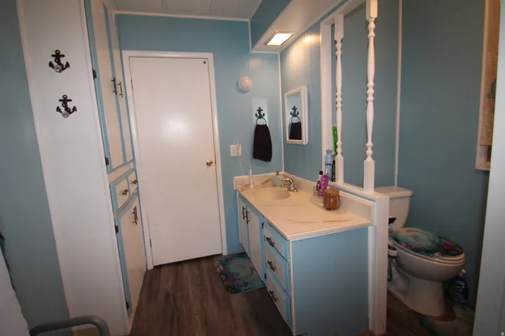 Half bathroom with dark wood-style flooring and vanity