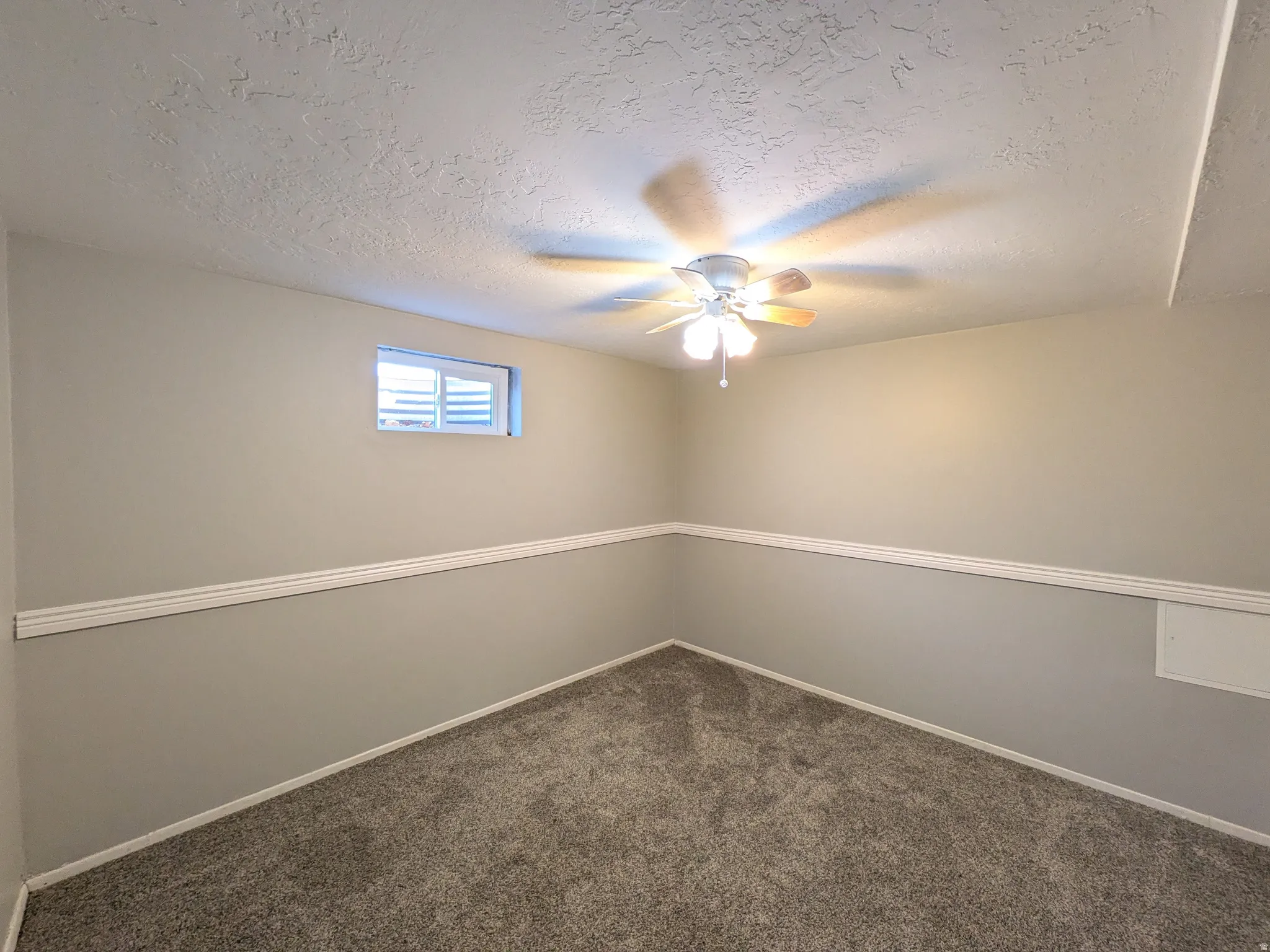 Unfurnished room with carpet, a textured ceiling, and ceiling fan