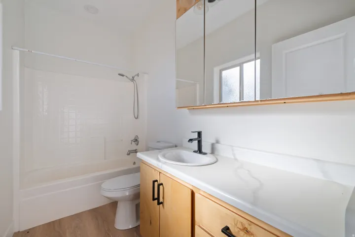 Full bathroom with vanity, shower / washtub combination, and light wood-type flooring