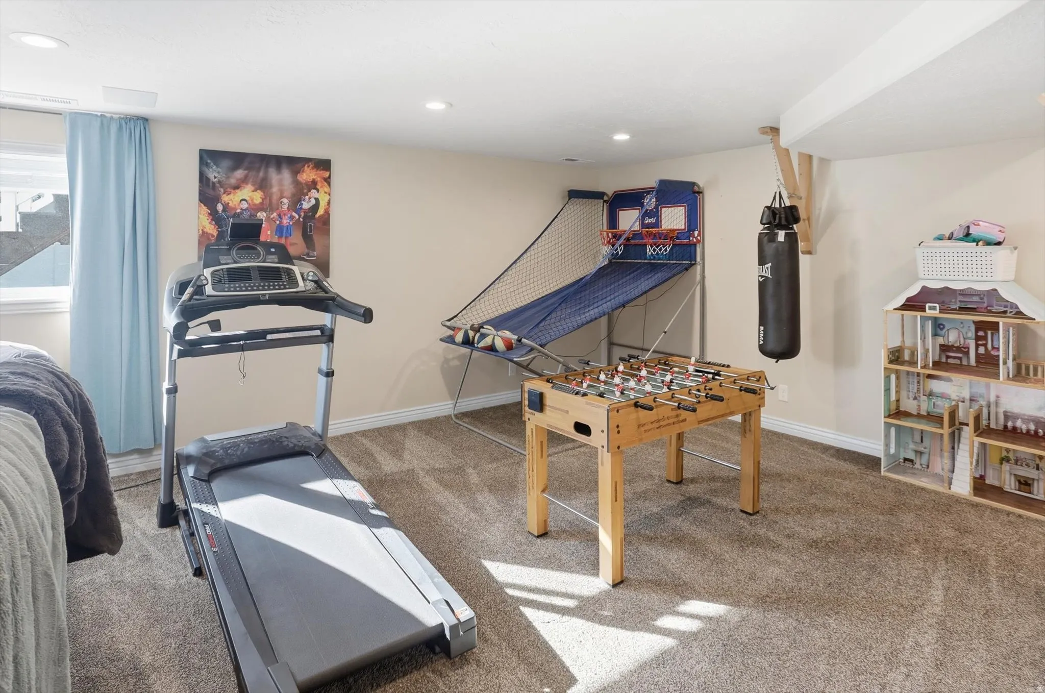 Game room featuring light colored carpet and recessed lighting