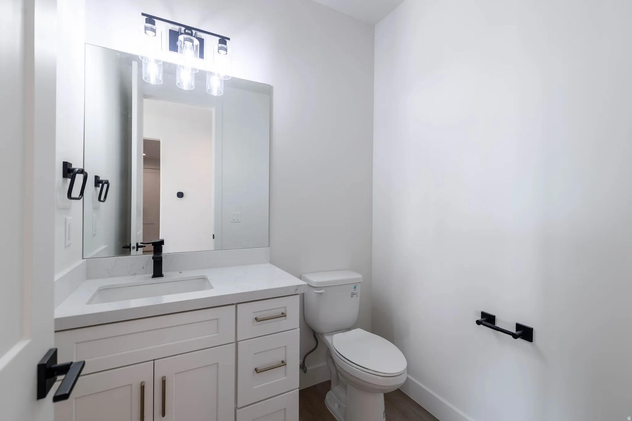 Half bath featuring vanity and dark wood-type flooring