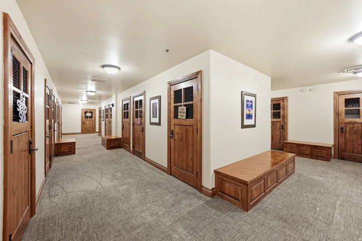 Hallway featuring wood-finish doors with glass panel details, recessed lighting, and textured carpeting