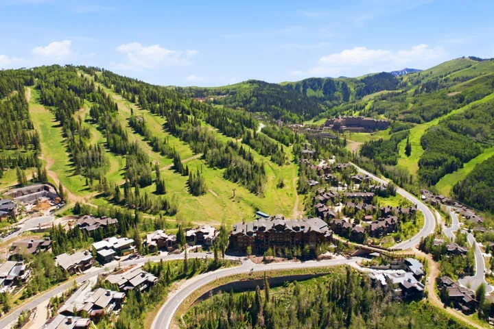 Aerial perspective showcasing multiple residential properties nestled within a mountainous, heavily treed landscape