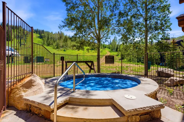 Outdoor spa with concrete coping and stone base, featuring a stainless steel handrail