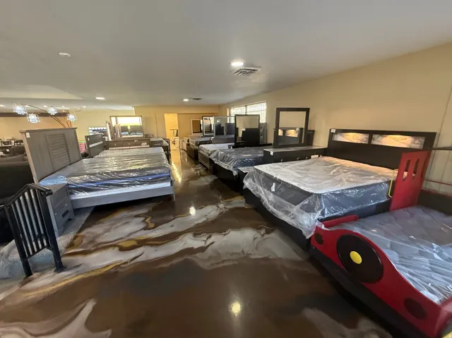 Bedroom with finished concrete floors