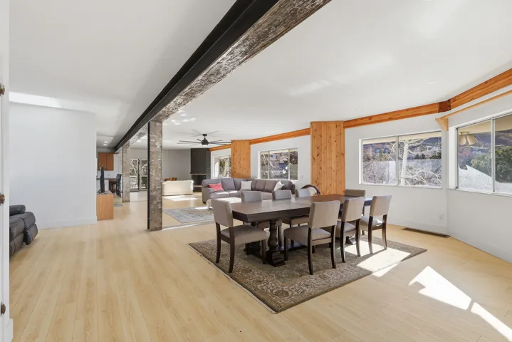 Dining area featuring a ceiling fan, light wood-style flooring, and healthy amount of natural light