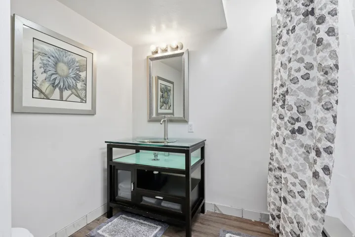 Full bath featuring a shower with shower curtain, wood finished floors, and vanity