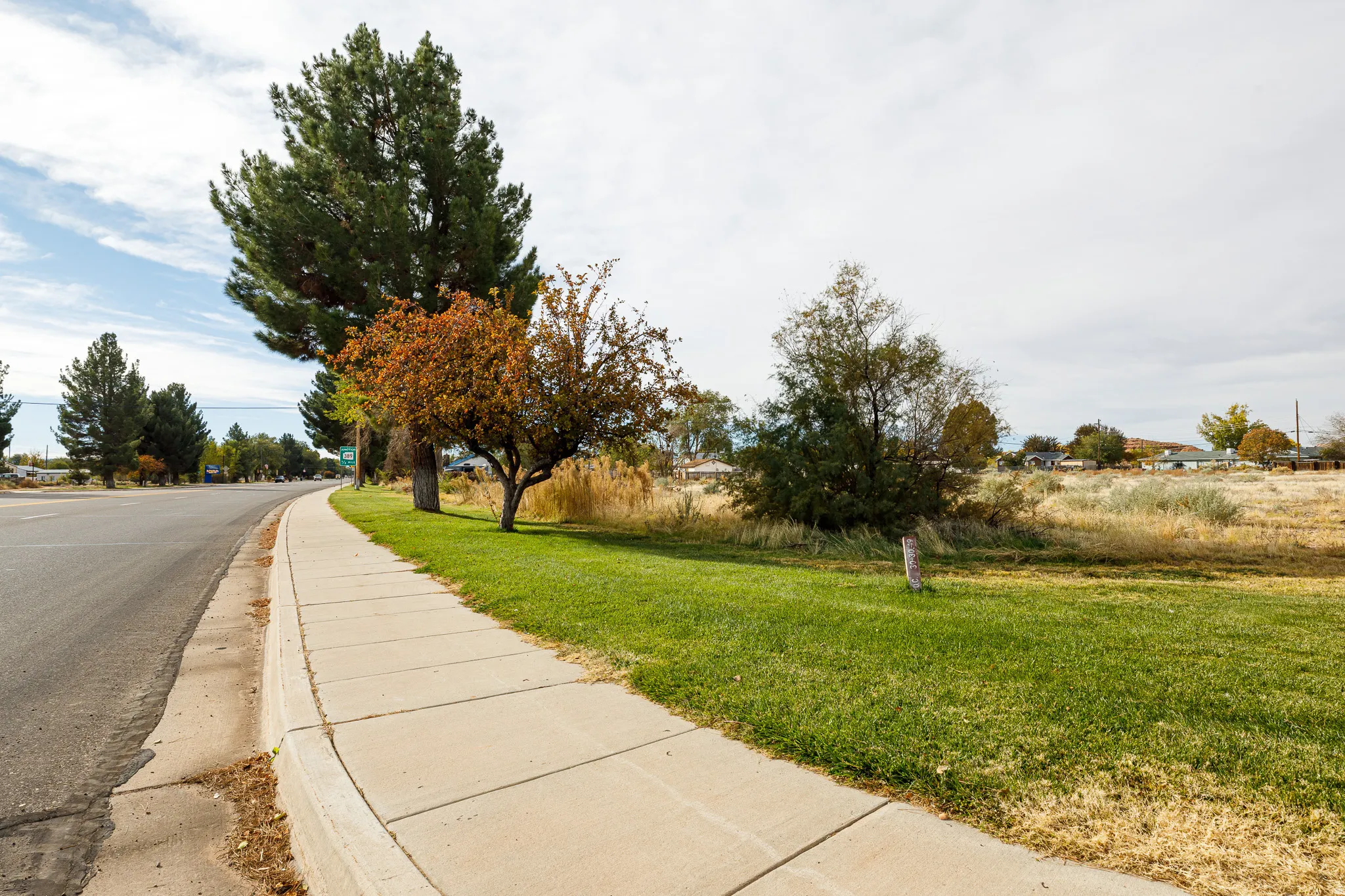 View of asphalt road with sidewalks and curbs
