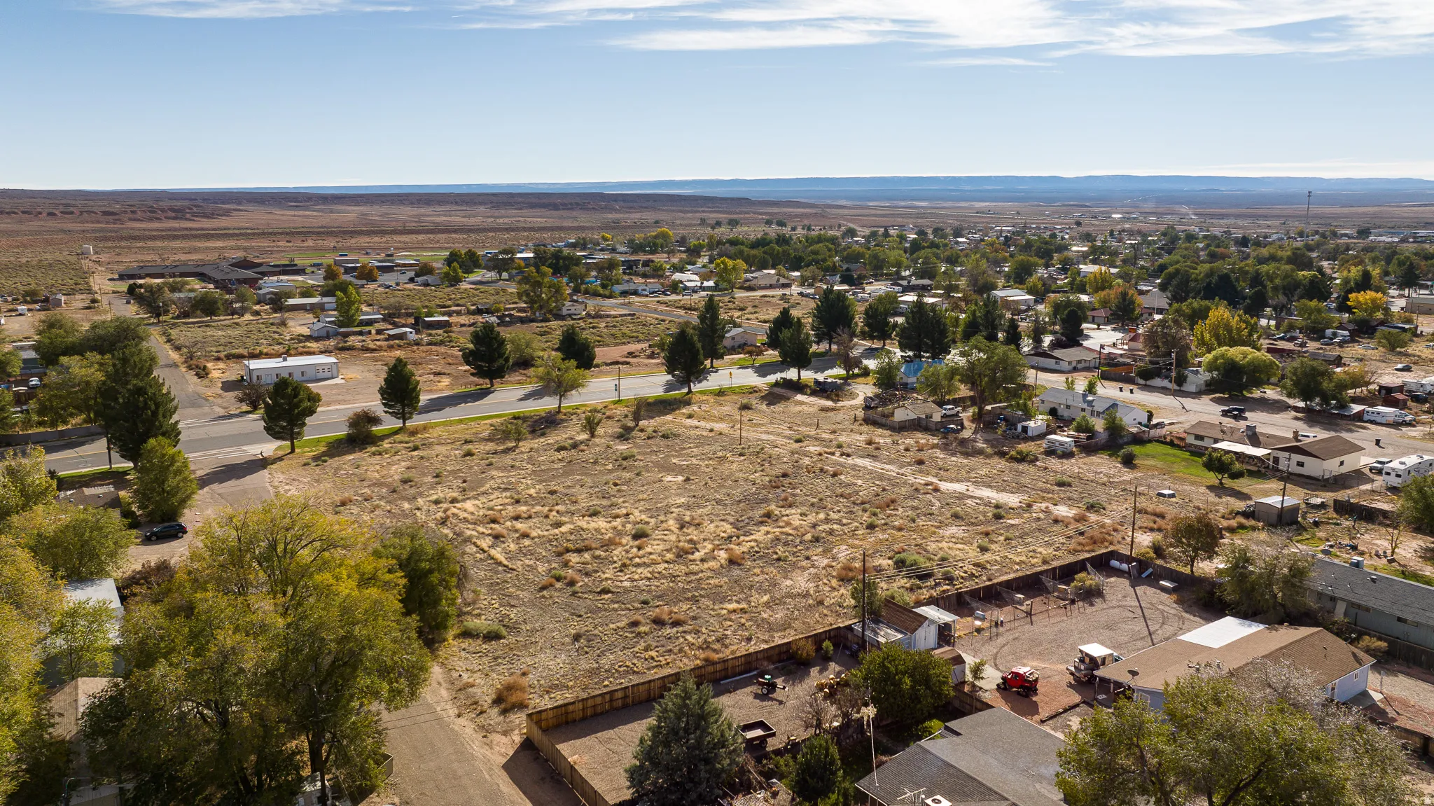 Aerial view of residential area with mountains