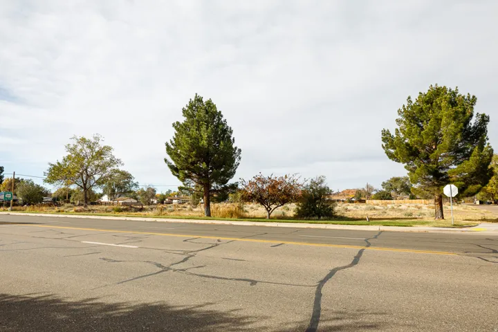 View of asphalt street with traffic signs and curbs