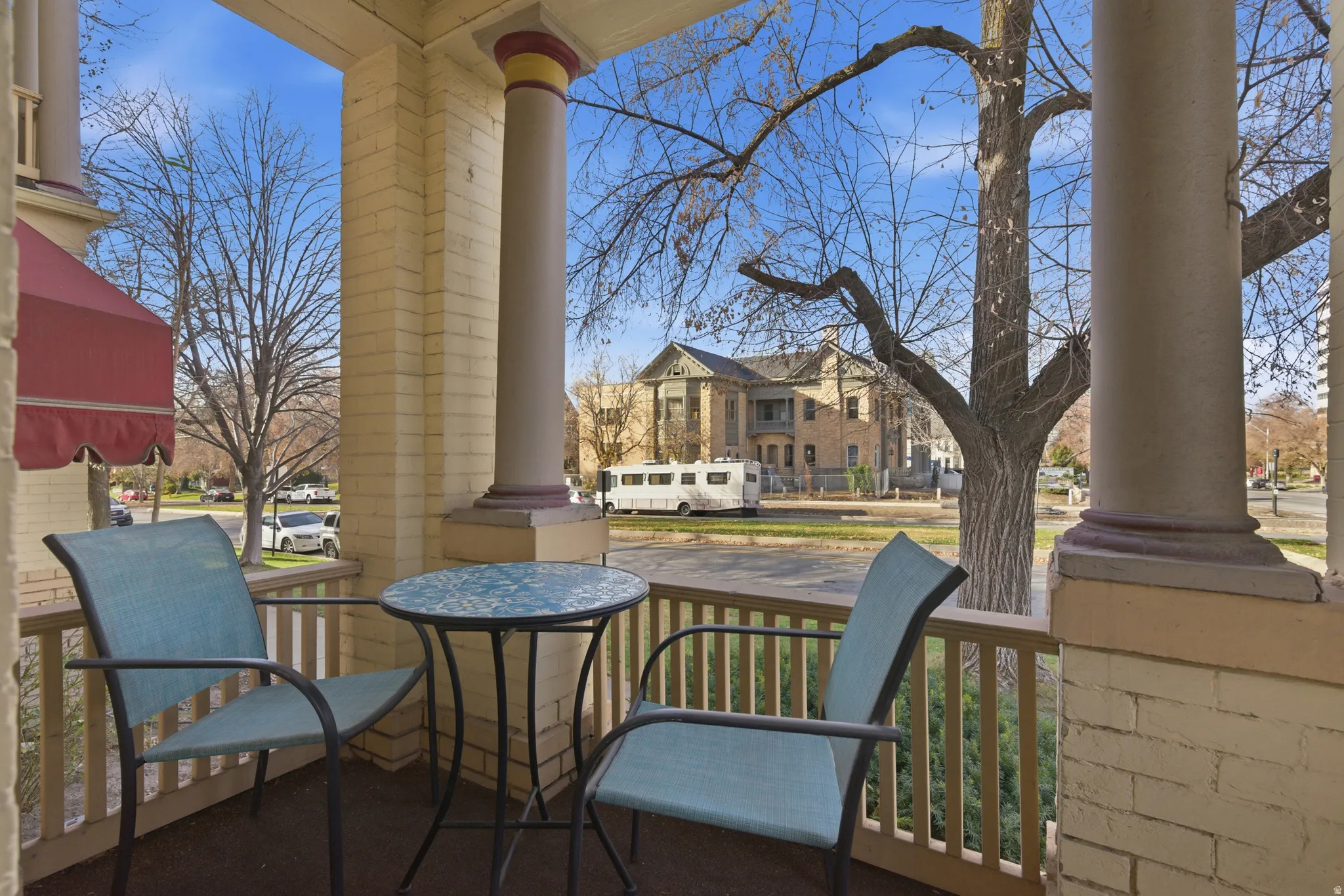 Wooden deck with a residential view