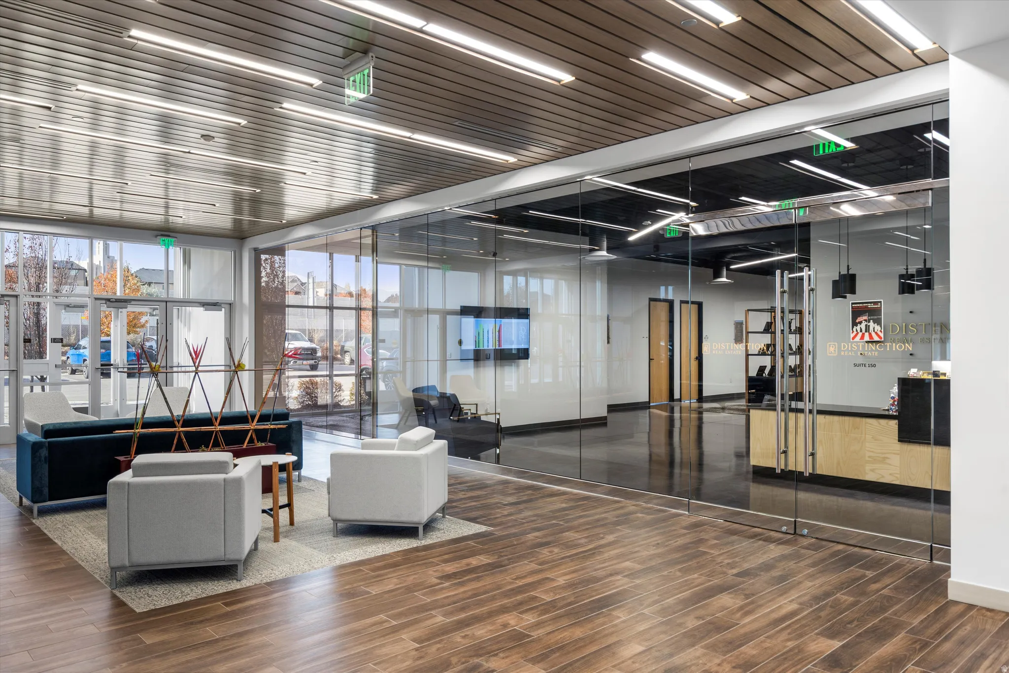 Community lobby with a wall of windows
