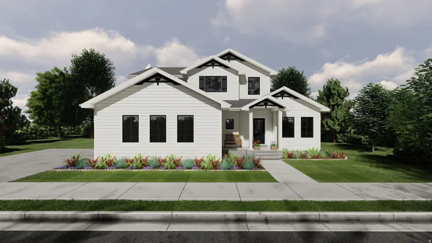 Modern farmhouse style home with a front yard and a porch