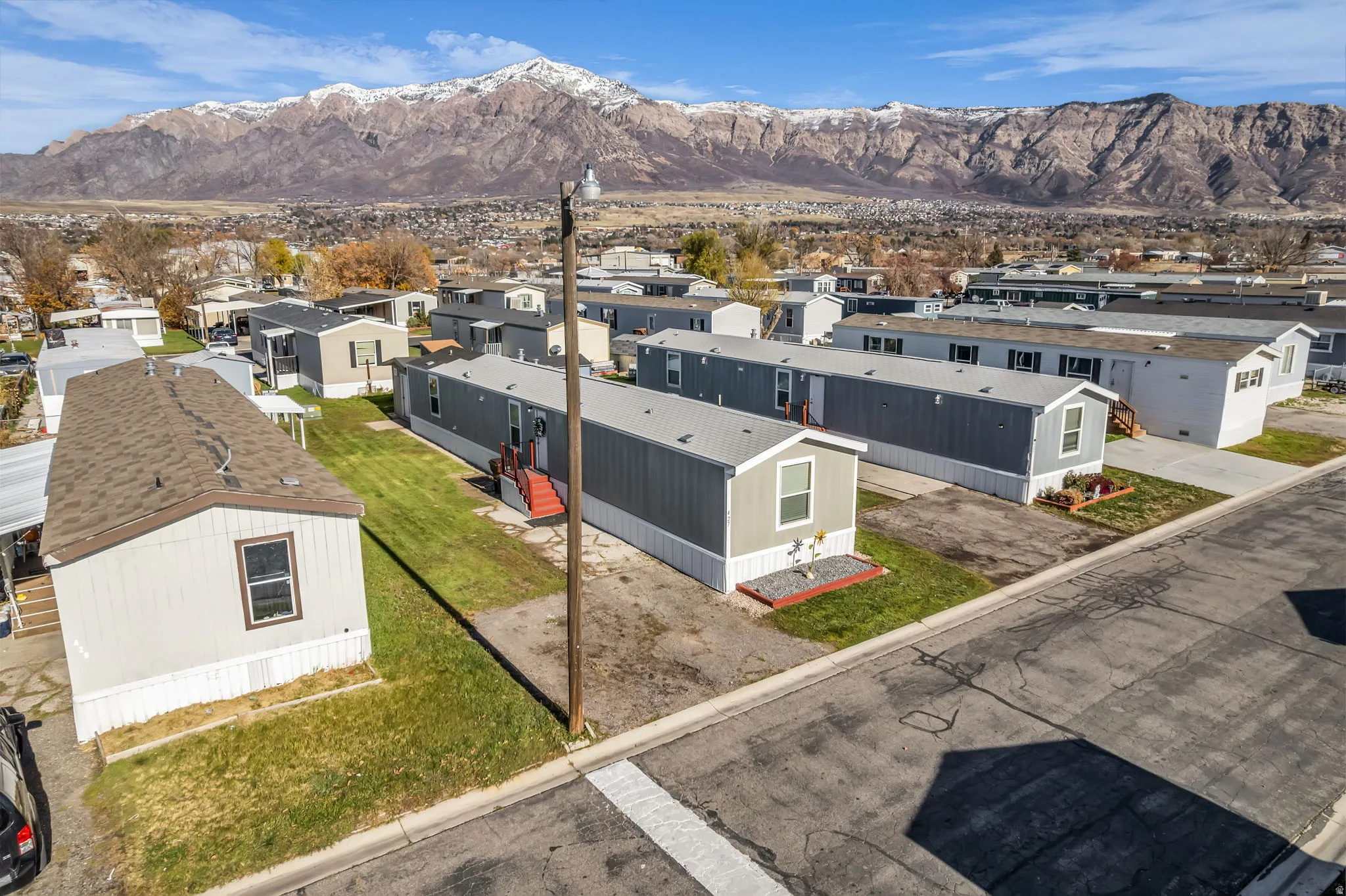 Aerial view of residential area with mountains